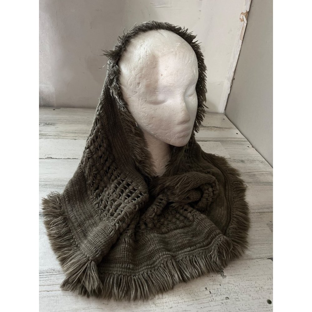 Knitted look greenish grey infinity scarf with fringe